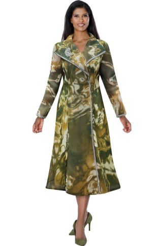 Olive Multi Marbled A-Line Coat Dress with Rhinestone Trim DN100731