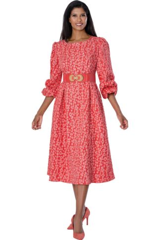 Coral Textured Puff Sleeve Midi Dress with Embellished Gold Buckle Belt
