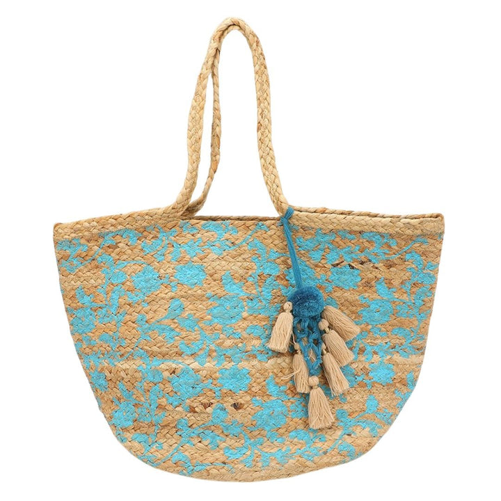 Splash Print Pom Multi Tassel Woven Straw Tote Bag - Especially Yours