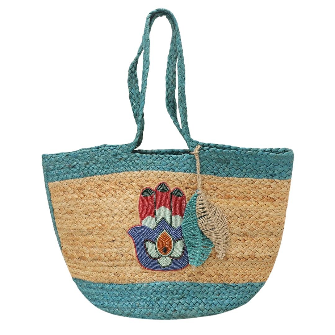 Embroidered Hamsa Hand Motif Accent Leaf Bag Charm Straw Woven Shoulder Tote Bag - Especially Yours