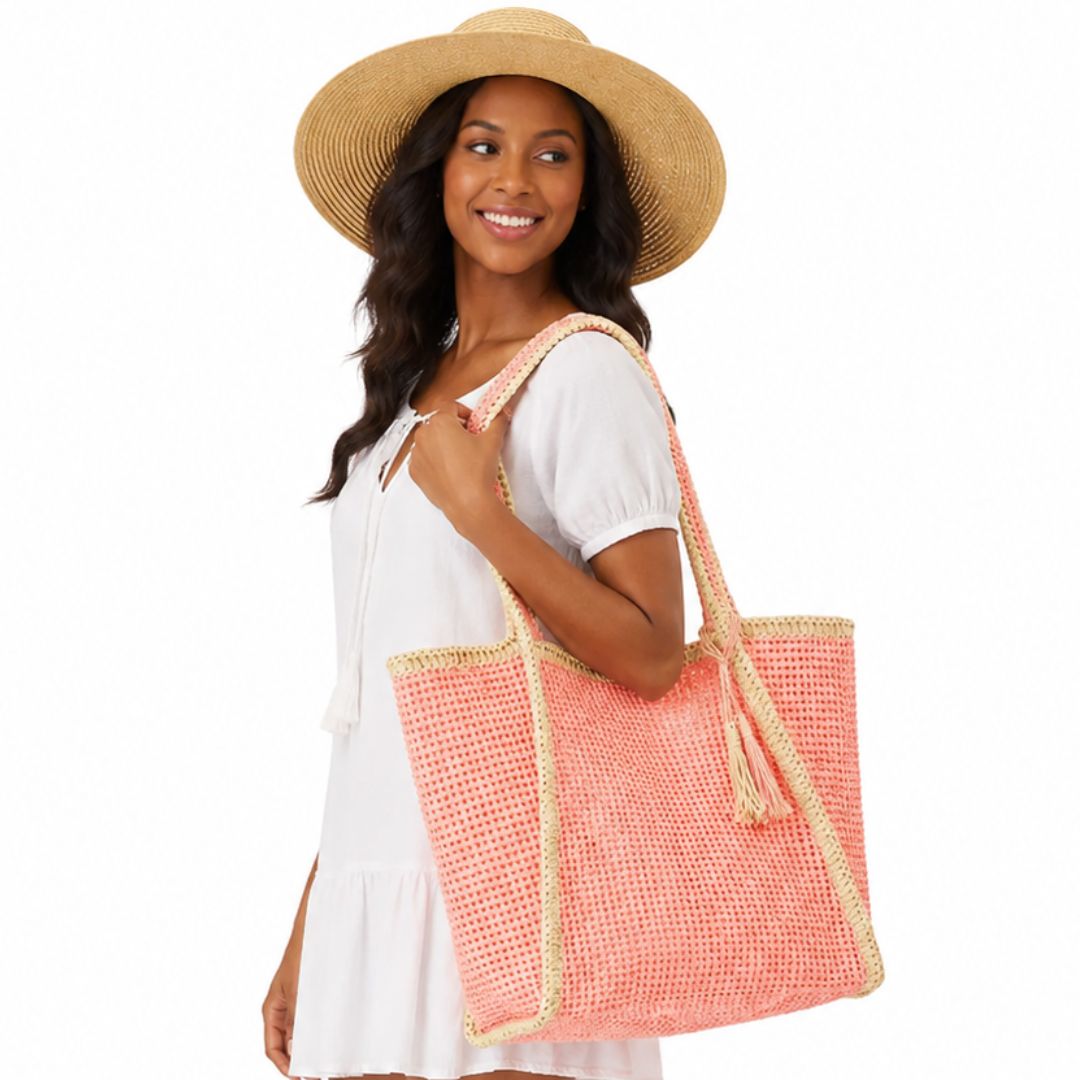 Tassel Accent Two Tone Woven Straw Tote Bag - Especially Yours