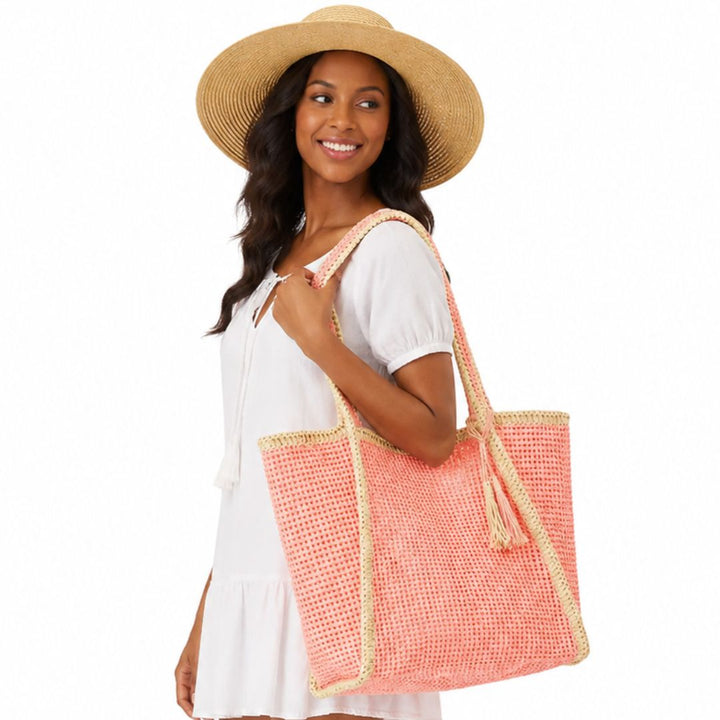 Tassel Accent Two Tone Woven Straw Tote Bag - Especially Yours