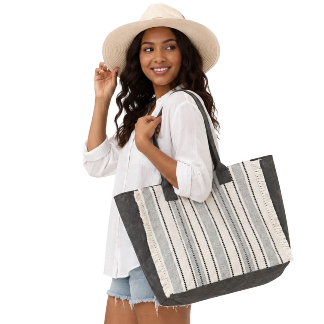 Vintage SUNSHINE Message Stripe Fringe Tote Bag - Especially Yours