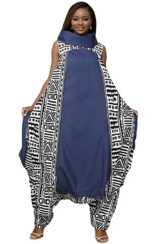 7702 -Mixed Denim and Print Cow Neck Jumpsuit/Dress