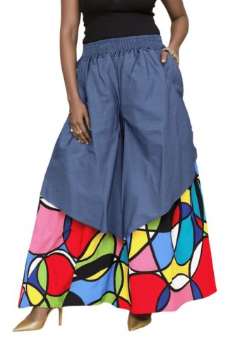 7645D Authentic African Print Denim Overlay Wide Leg Pant