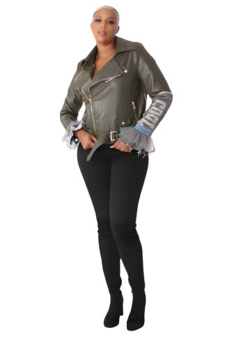 Leather Jacket Denim Patchwork & Tulle Cuffs 81827