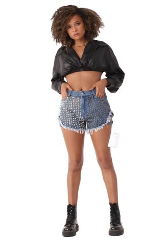 Studded Denim Shorts with Pearl Embellishments- 81850 - Especially Yours