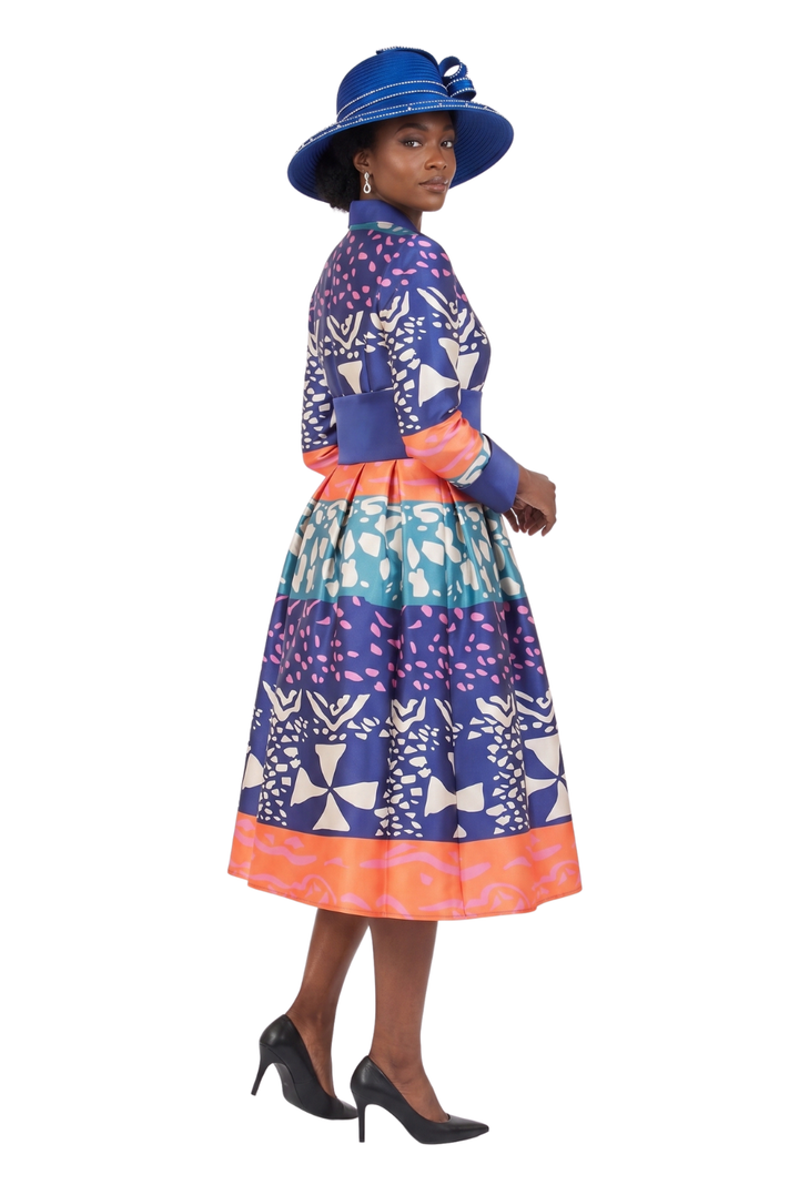 Stand Collar A-line Print Dress w/ Belt