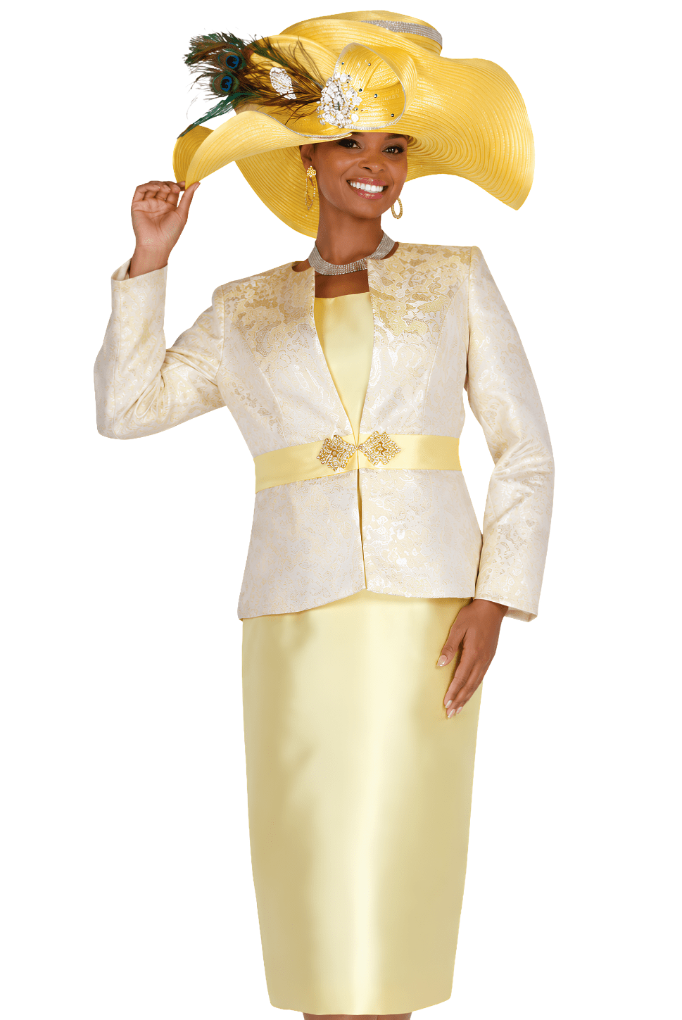 Gold Floral Brocade 2-Piece Skirt Suit with Rhinestone Waist Clasp - 6217 - Especially Yours