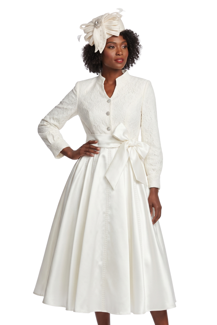 Balloon Slv Lace&Silky Twill A-line Drs w/ Belt
