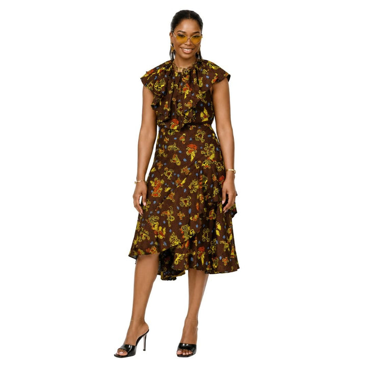 NALA AFRICAN PRINT RUFFLE NECK MIDI DRESS - Especially Yours