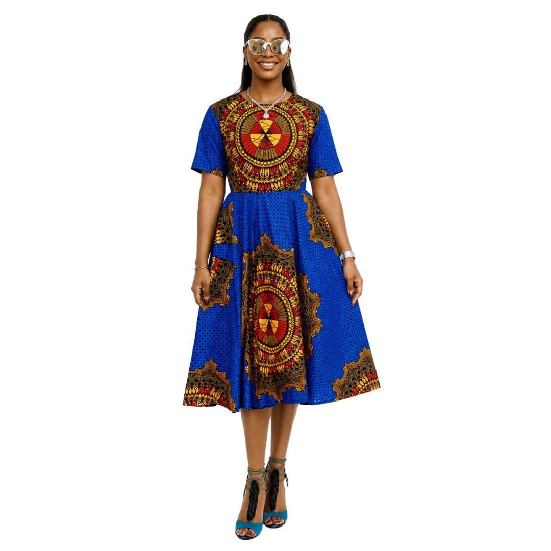 MARIAMA AFRICAN PRINT MIDI DRESS [BLUE] - Especially Yours