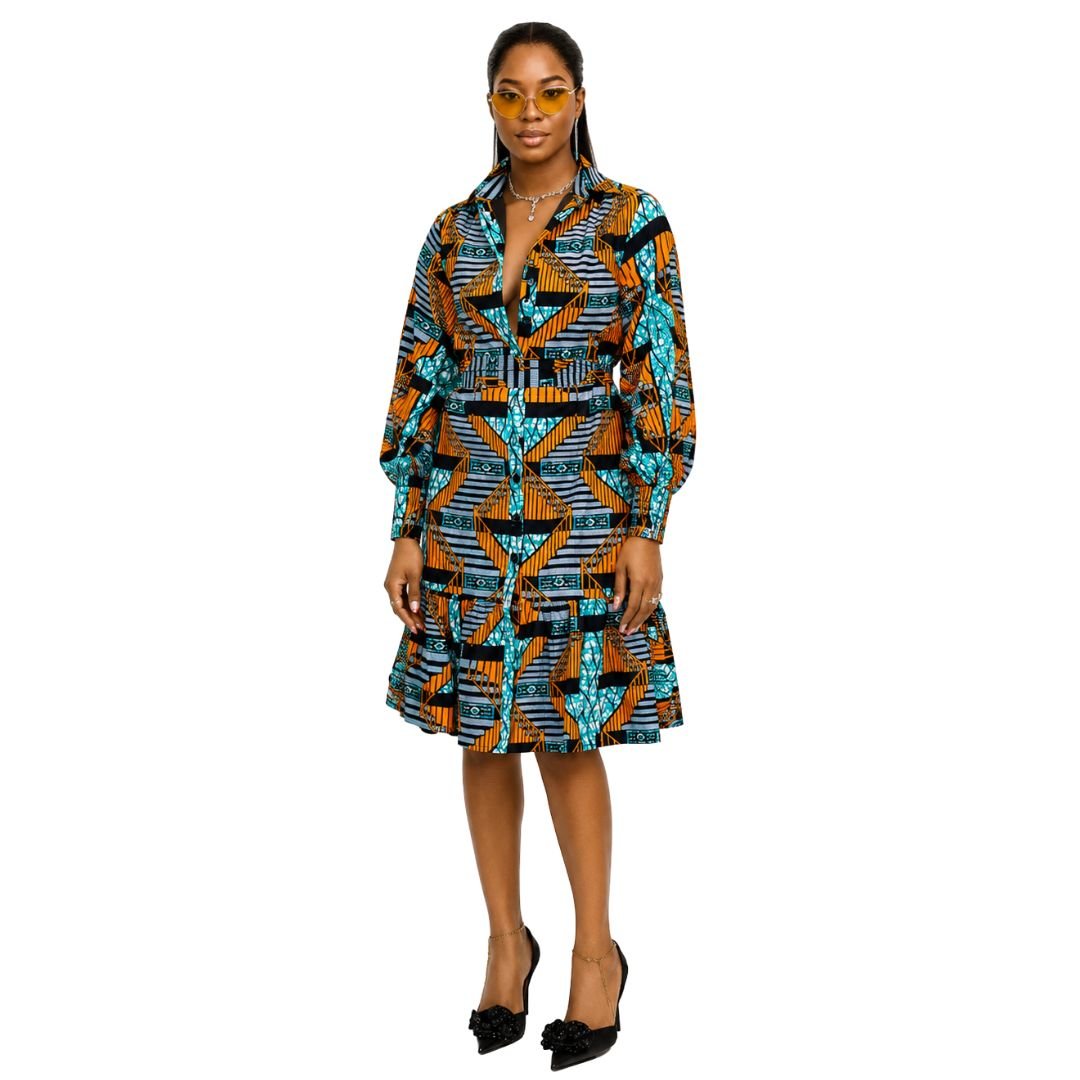 JUMOKE AFRICAN PRINT RUFFLE HEM SHIRT DRESS [MULTICOLOR] - Especially Yours