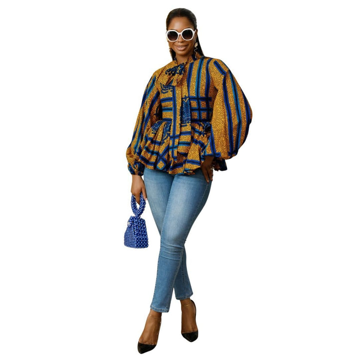 BIBI AFRICAN PRINT TIE NECK PEPLUM TOP [BLUE] - Especially Yours