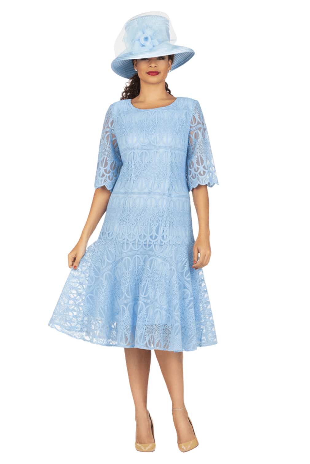 1pc Embroidery Lux Lace Pleated Flare Dress-Plus - Especially Yours