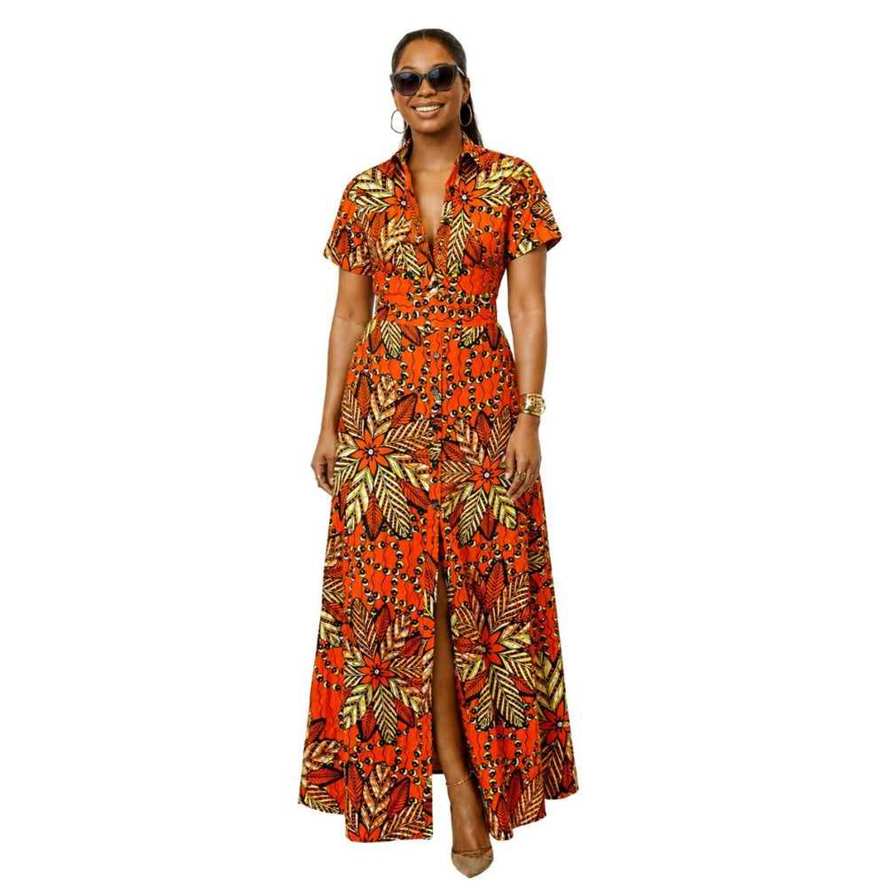 NANNY AFRICAN PRINT MAXI A - LINE SHIRT DRESS [ORANGE] - Especially Yours