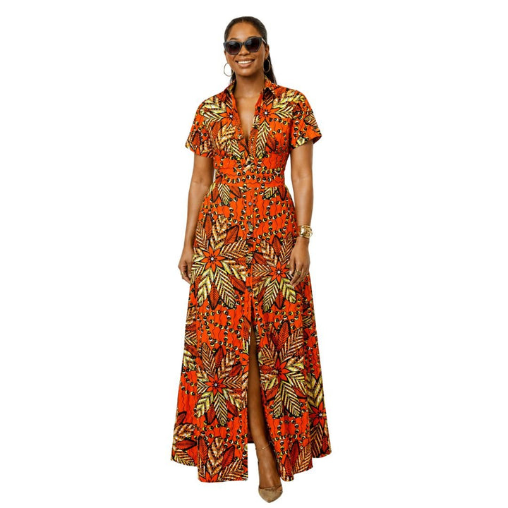 NANNY AFRICAN PRINT MAXI A - LINE SHIRT DRESS [ORANGE] - Especially Yours