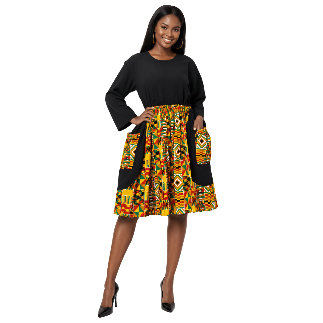 Women's Duo - Tone Solid & African Printed Dress | Round Neckline | Long Sleeves - Especially Yours