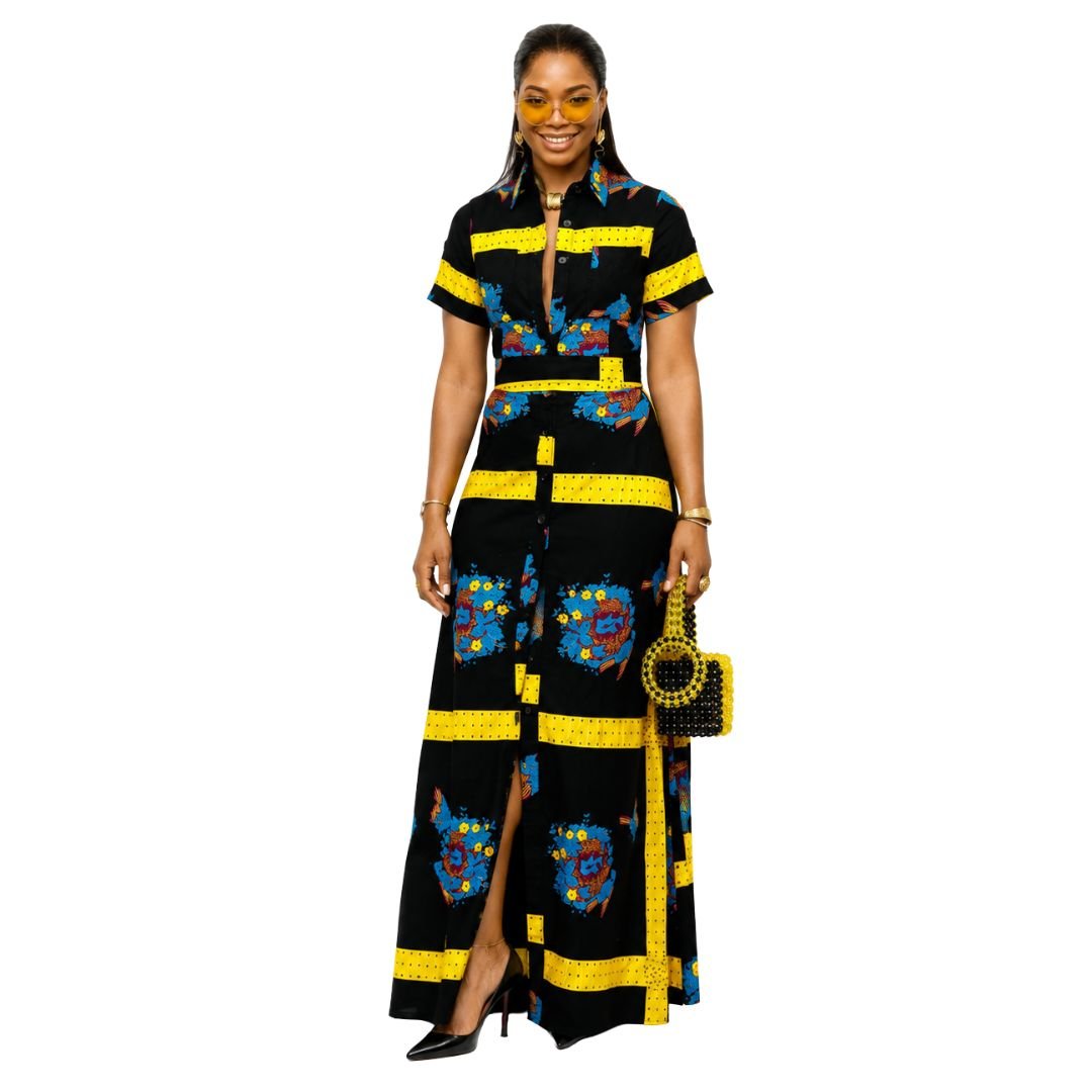 NANNY AFRICAN PRINT MAXI A-LINE SHIRT DRESS