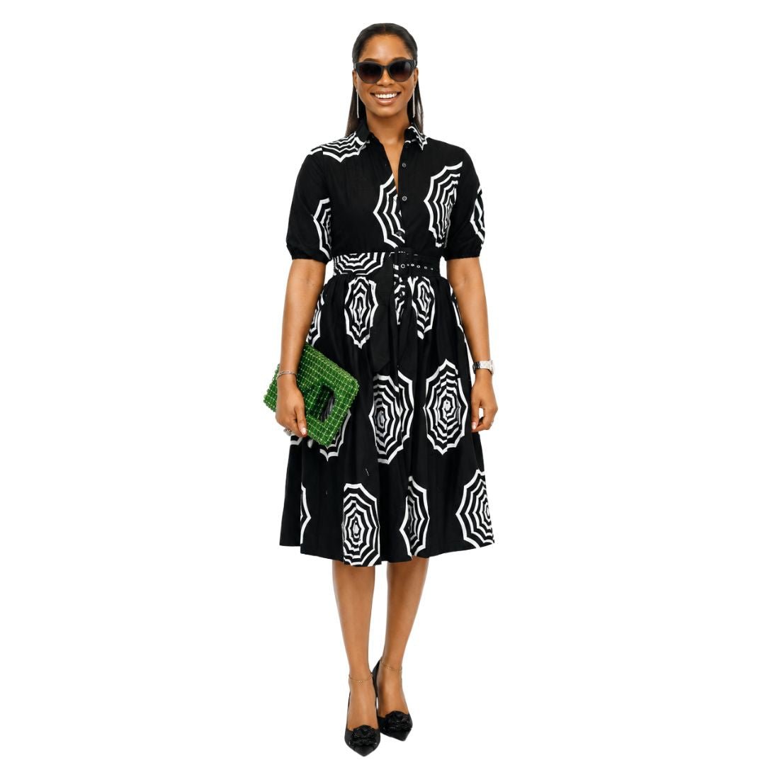 MOREMI AFRICAN PRINT BUTTON DOWN DRESS [BLACK] - Especially Yours