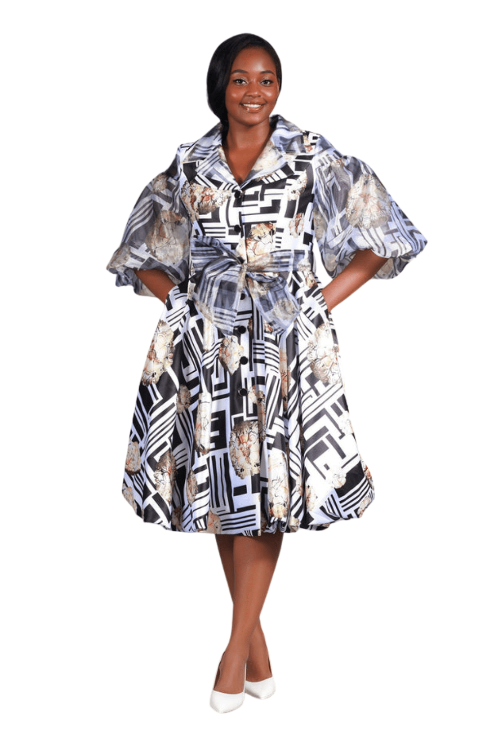 Puff Slv Print Shirt Dress in Silky Twl & Organza - Especially Yours