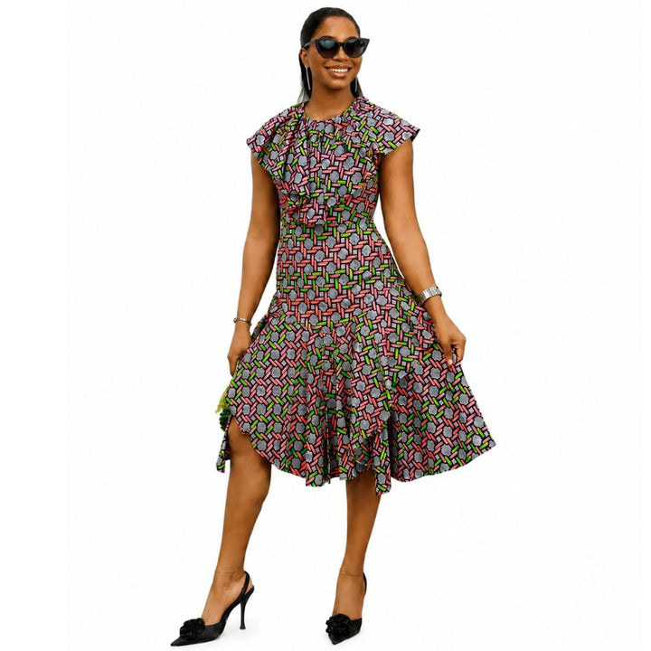 NALA AFRICAN PRINT RUFFLE NECK MIDI DRESS [PINK] - Especially Yours