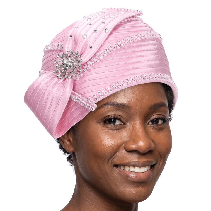 Round Ribbon Hat w/ Brooch and Rhinestoned Strip