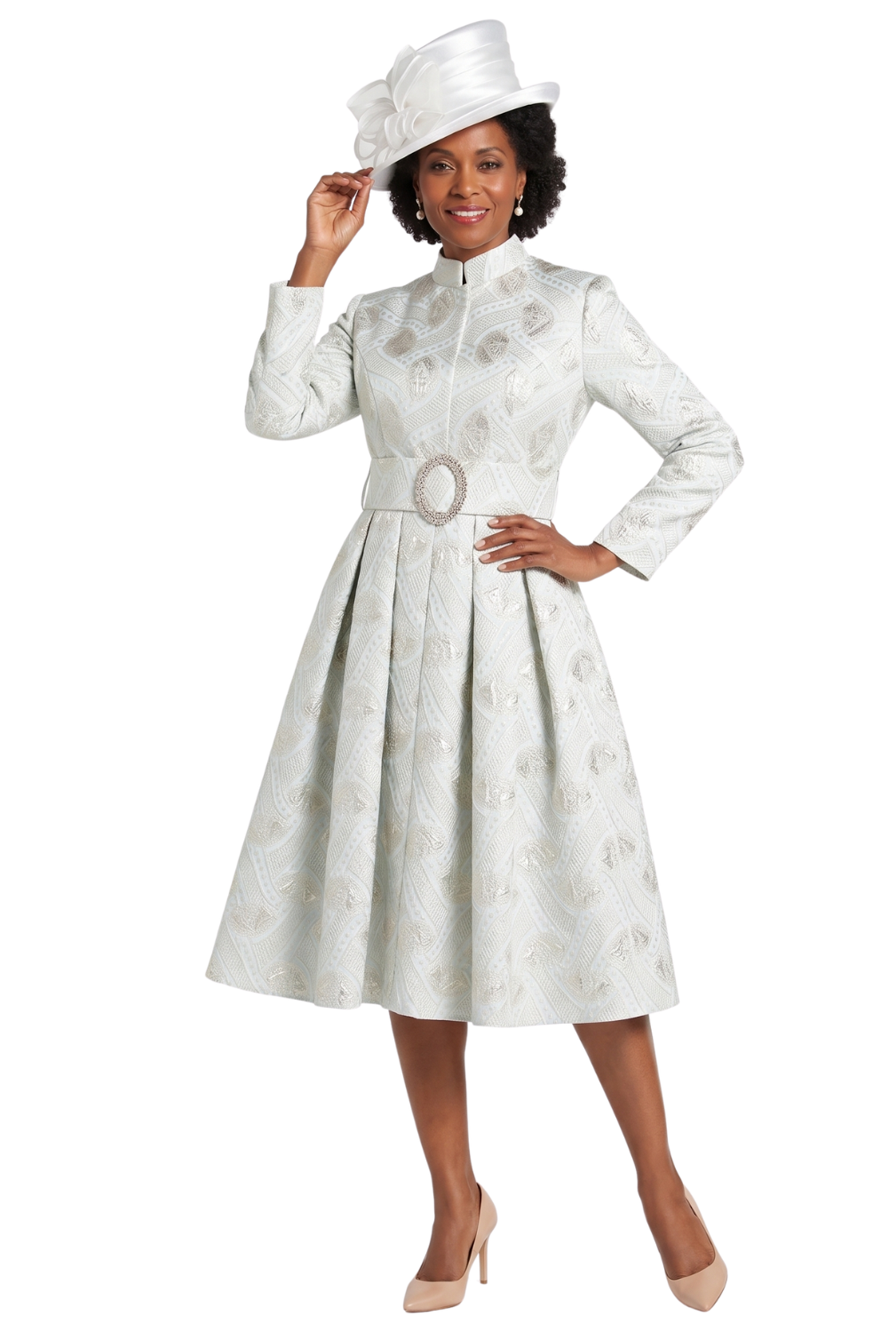 Stand Collar A-line Metallic Brcd Drs w/ Belt