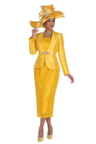 Women’s Gold Church Suit - Floral Lace Dress, Satin Jacket - 6213
