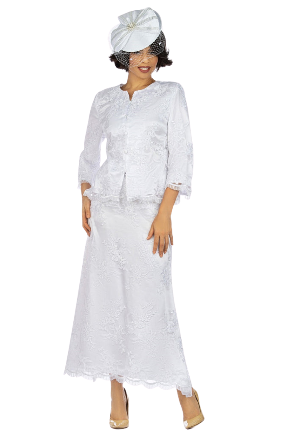 2pc Bell Slv Crochet Hemmed Lace Skirt Suit