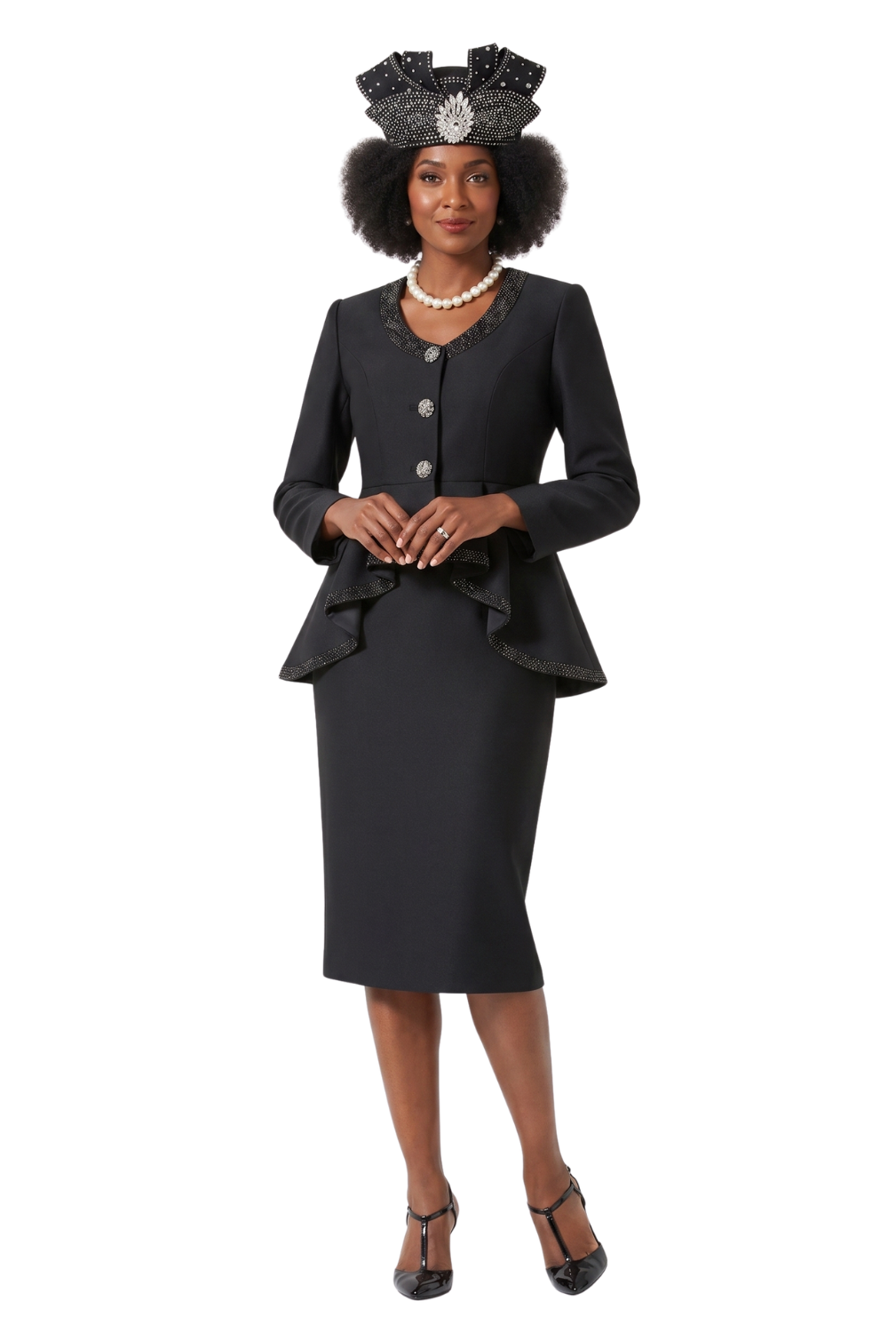 2pc Silky Twill Round Neck Uneven Peplum Suit