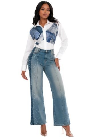 Crystal Side Panel Wide Leg Jeans - 83028 - Especially Yours