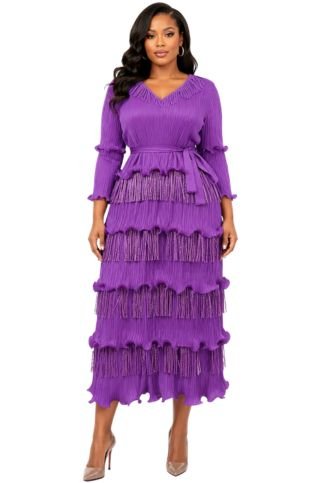 Tiered Fringe Pleated Midi Dress - 83011 - Especially Yours