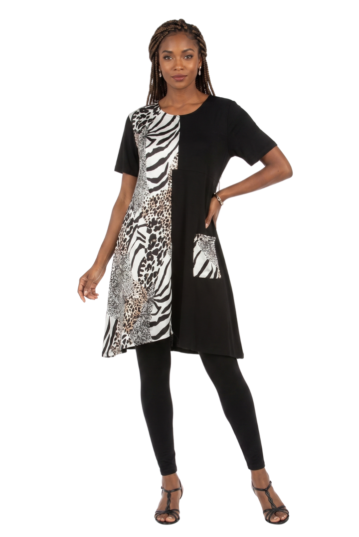 Short Slv Crew Neck Tunic Dress in Contrast Fabric