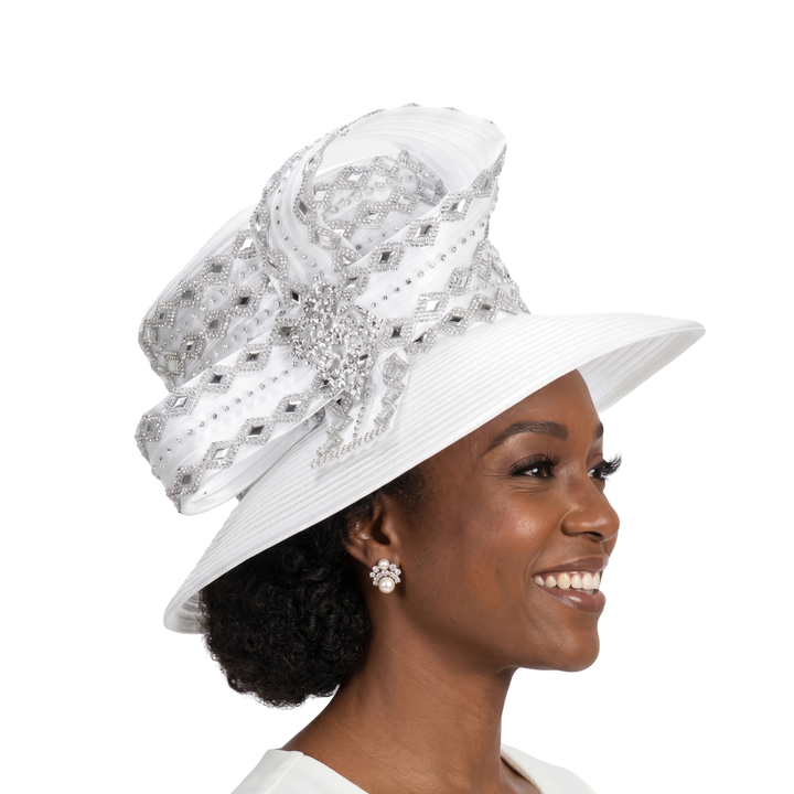 Med Brim Diamond Pattern Stoned Ribbon Hat