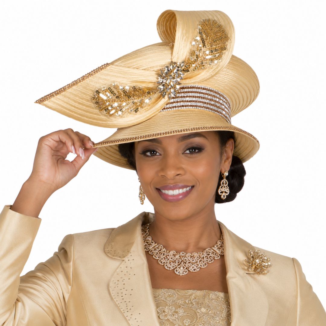Gold Metallic Lace Sculpted Church Hat - H6413 - Especially Yours