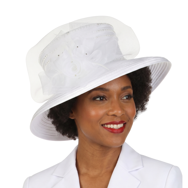 Medium Brim Satin Ribbon Hat w/ Mesh Flower