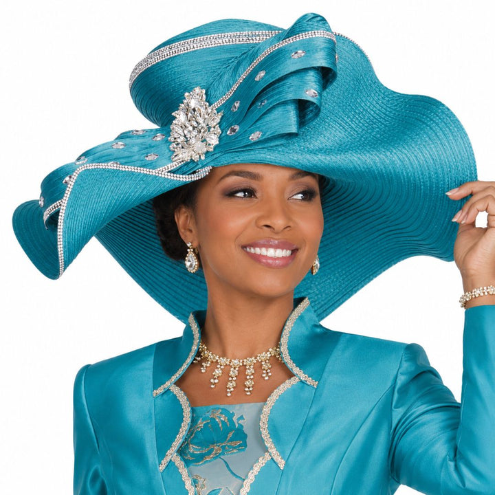 Champagne Italy Elegant Turquoise Wide Brim Church Hat with Rhinestone Brooch - Especially Yours
