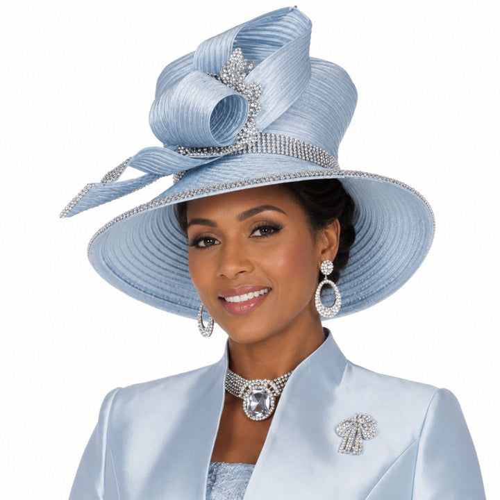 Champagne Italy Sky Blue Bow - Accent Wide Brim Church Hat with Rhinestones H6261 - Especially Yours
