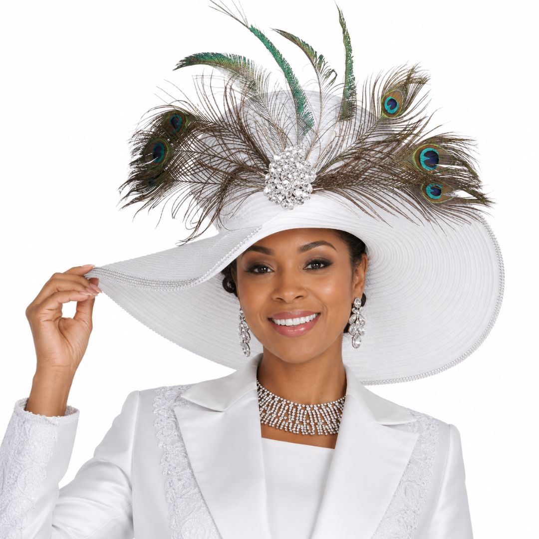 Champagne Italy White Wide - Brim Church Hat with Peacock Feather Accents H6266 - Especially Yours