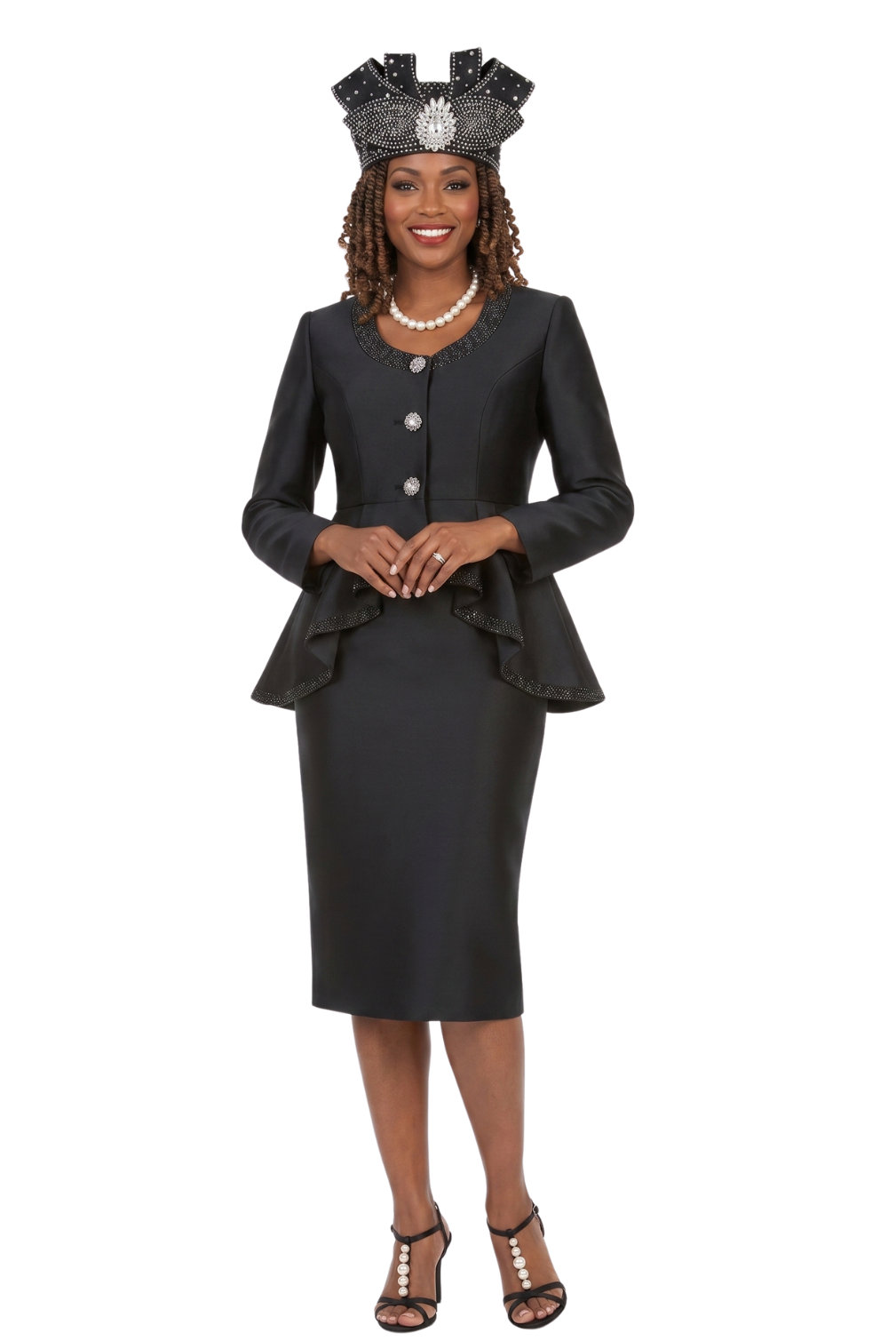2pc Silky Twill Round Neck Uneven Peplum Suit-Plus