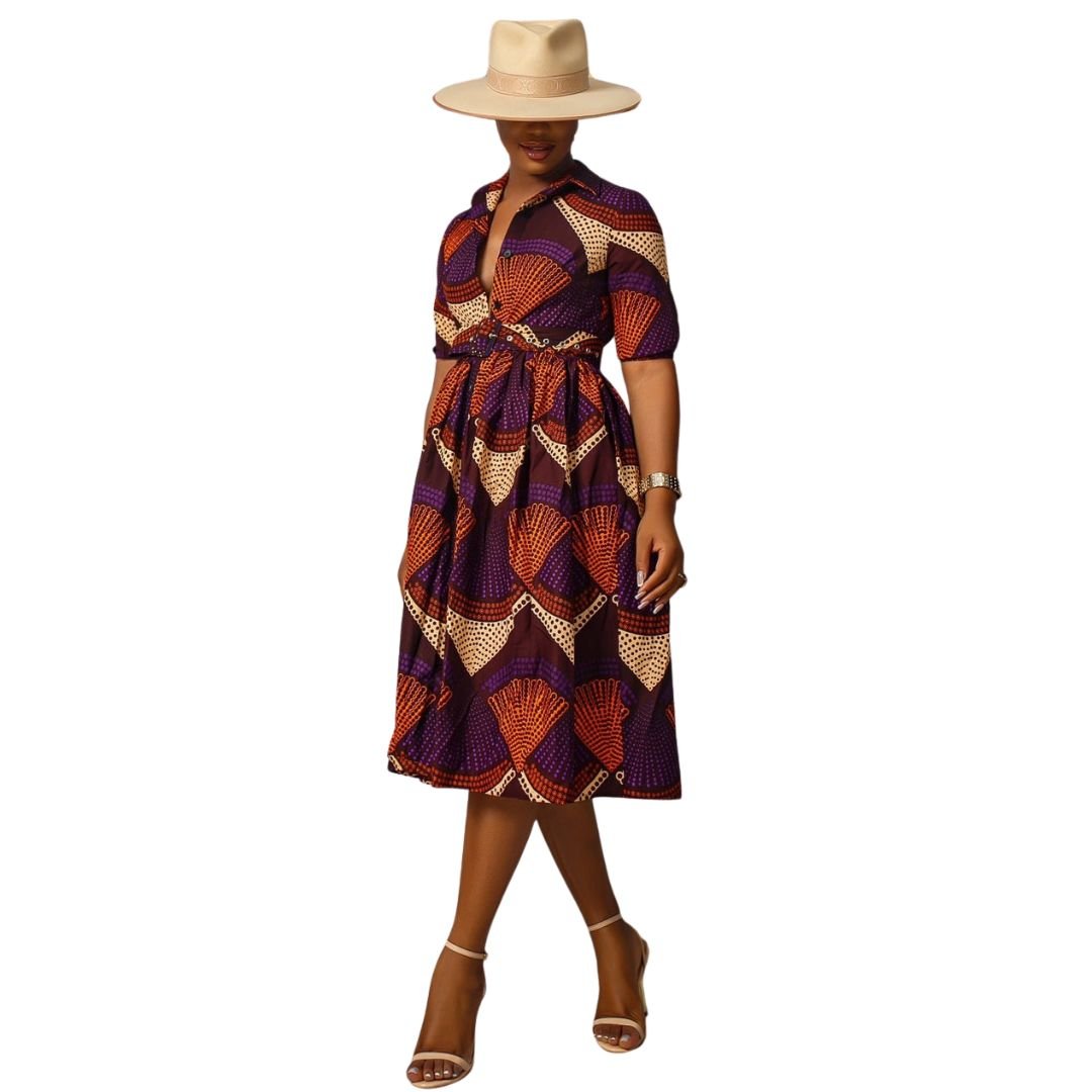 MOREMI AFRICAN PRINT BUTTON DOWN DRESS [PURPLE] - Especially Yours