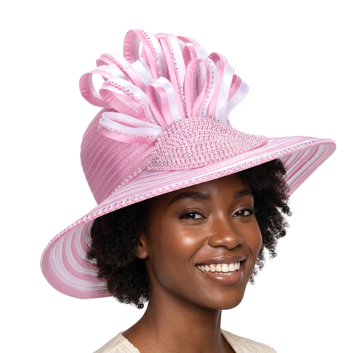 Big Brim Two-tone Hat w/ Rhst and Bouquet Decor