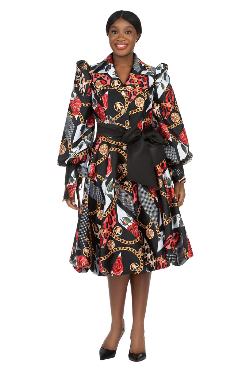 1pc Notch Collar Chain Print Dress w/ Belt - Plus