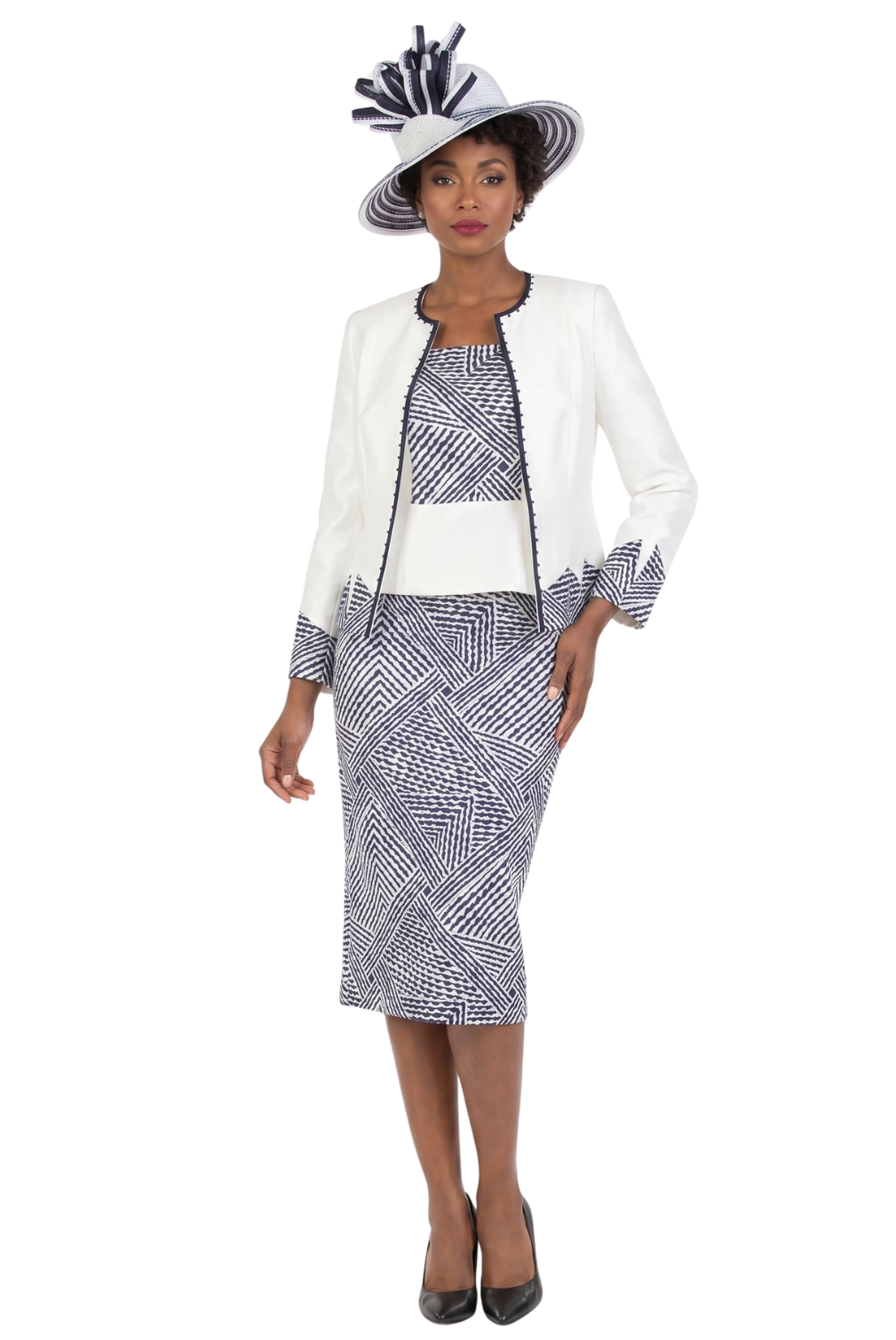 3pc Two-tone Wave Print Skt Suit-Plus