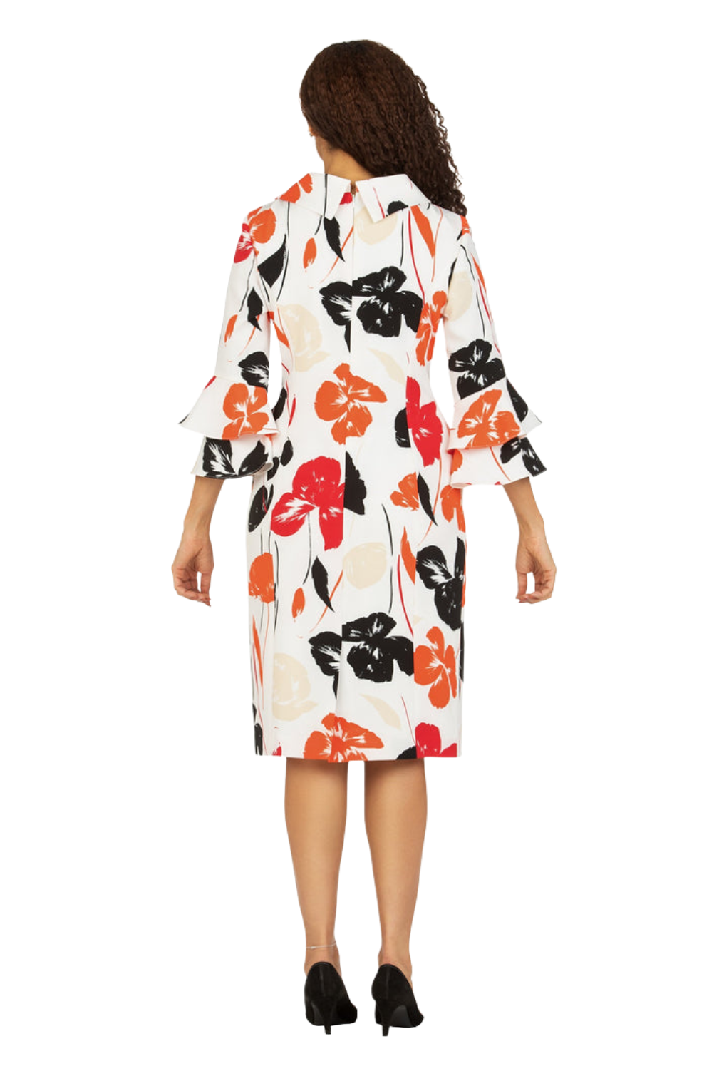 Cowl Neck 3/4 Ruffled Slv Print Drs w/ Brooch-Plus