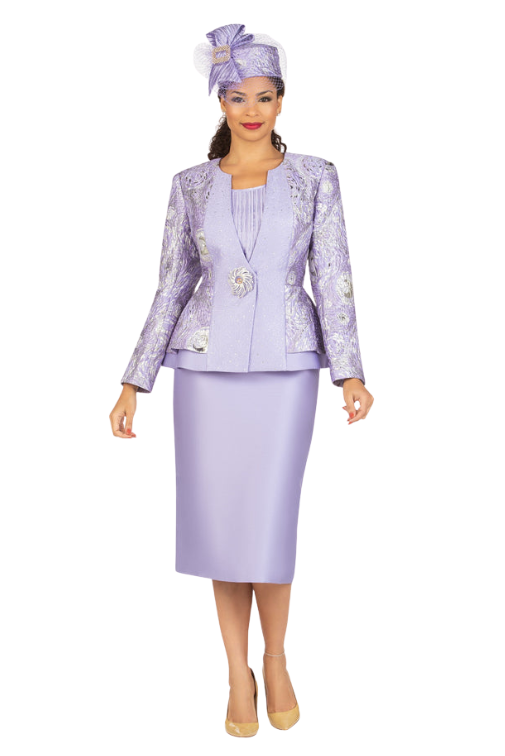 3pc Brocade&Crkl Satin Peplum Skt Suit