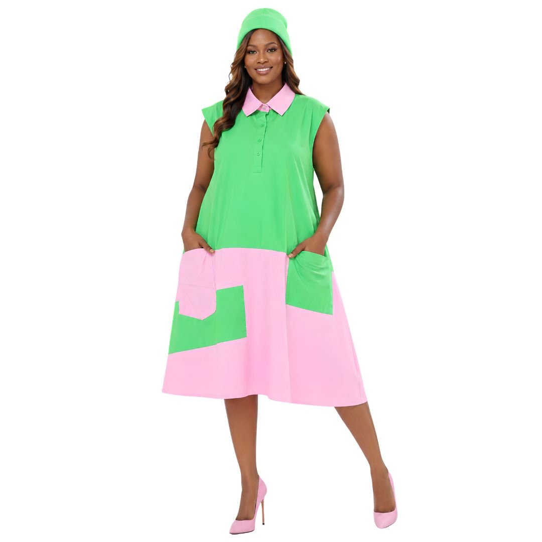 Sleeveless Color Block Green/Pink Short Dress - Especially Yours