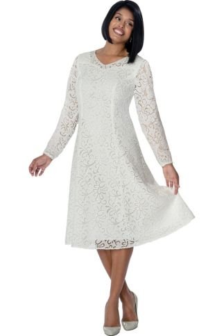 White Floral Lace A - Line Midi Dress with Long Sleeves DN100921 - Especially Yours