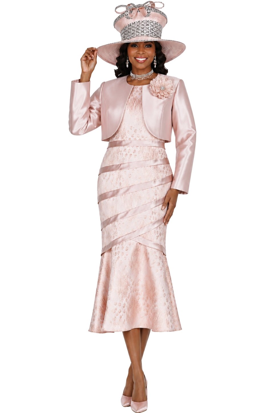 Champagne Italy 6107 Metallic Patterned Dress with Solid Bolero and Brooch - Especially Yours